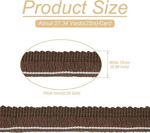Miniatura 3 de 27.34 yardas9.8in marrón coco, flecos de poliéster, borde de encaje, 58 pulgadas de ancho, cintas trenzadas de algodón con tarjeta de papel, borde