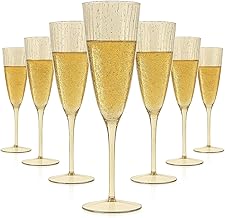 Oojami 6 Oz Gold Glitter Plastic Champagne Glasses 24 Pack Hard Disposable Plastic Champagne Flute Ideal for Home Daily Life Party Wedding Toasting Drinking Champagne Reusable Party Supplies