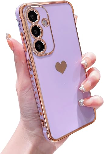 phylla for Samsung Galaxy S26 6.3 5g Phone Case,Luxury Plating Cute Love Heart Side Small Pattern Case Full Camera Protection Soft Silicone Shockproof Electroplated Bumper Cover Purple