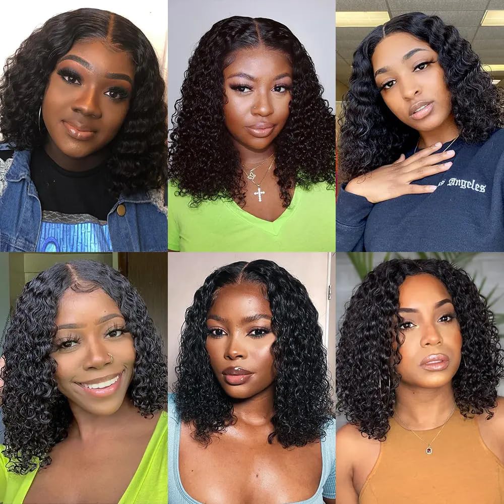Real Skinlike 2X6 HD Crystal Lace Closure Wig Short Bob Curly Human Hair with Thin Knots 180% Density Short Deep Wave Natural Black Brazilian Remy Hair Swiss Lace Bob Wigs For Woman 10Inch
