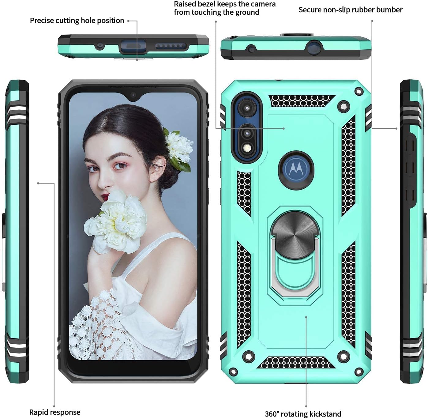 LeYi for Moto E Phone Case (2020) with [2 Pack] Tempered Glass Screen Protector, Military-Grade Protective Phone Case with Magnetic Ring Kickstand for Motorola Moto E 2020 Case, Mint