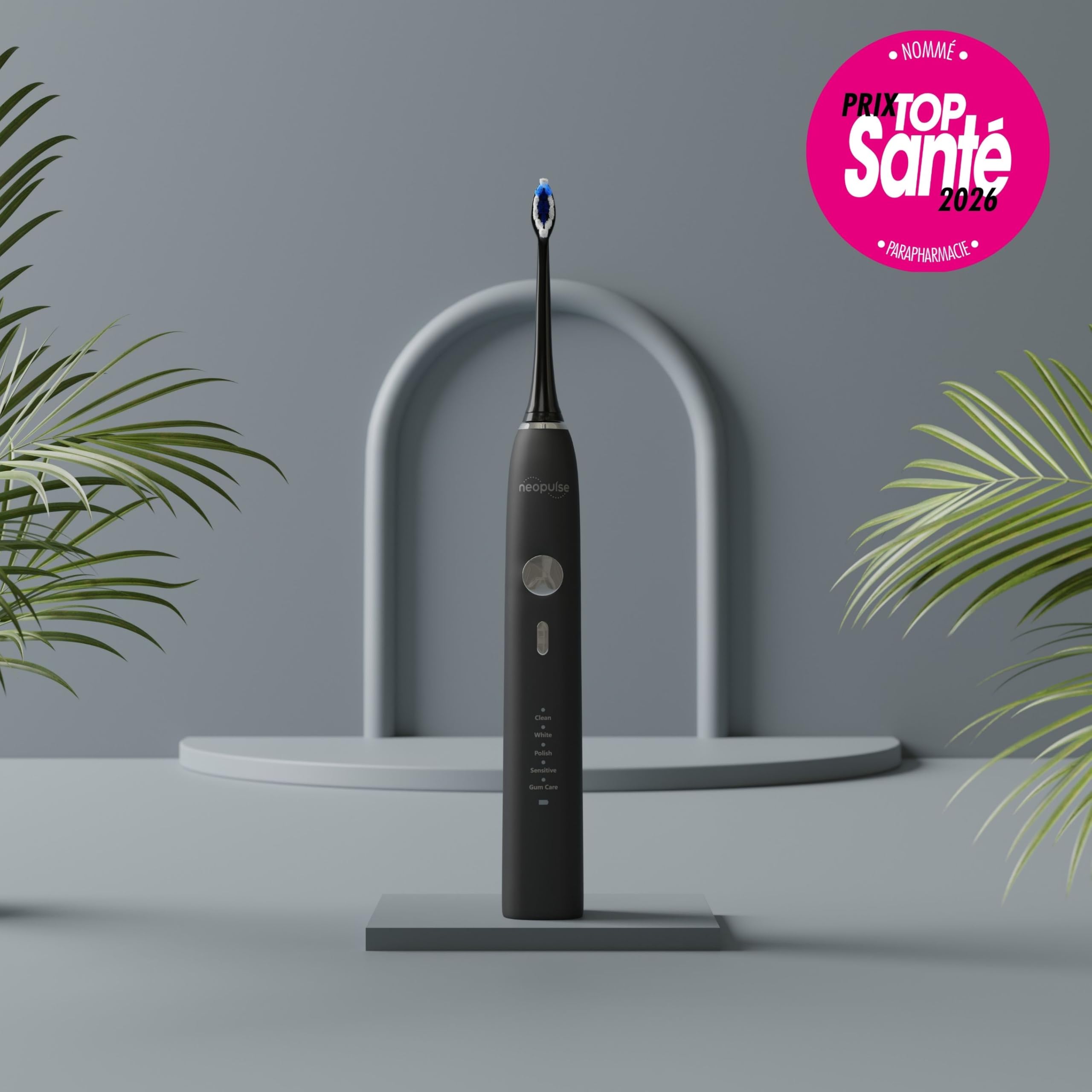 NEOPULSE NEOSONIC® – Cepillo de Dientes Eléctrico Sónico, 50.000 Vibraciones/min, 5 Modos y 15 Intensidades, Temporizador 2 min, 3 Meses de Autonomía, Carga USB-C, 2 Cabezales Incluidos, Negro