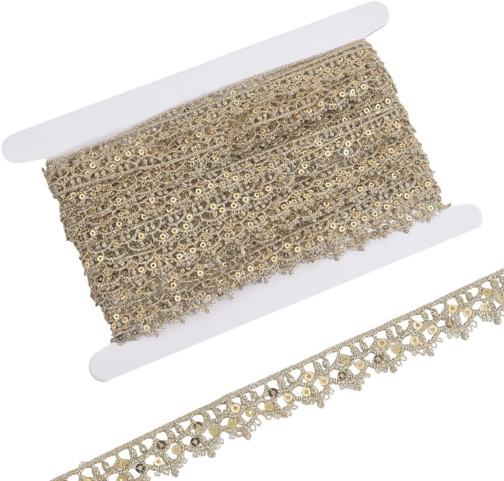 GORGECRAFT 10 Yards Gold Beaded Lace Trim Glitter Metallic Floral Sequin Sewing Embroidery Ribbon Edging Fabric Laces Border with Paillette for Decorative Wedding Clothing Curtain DIY Accessories