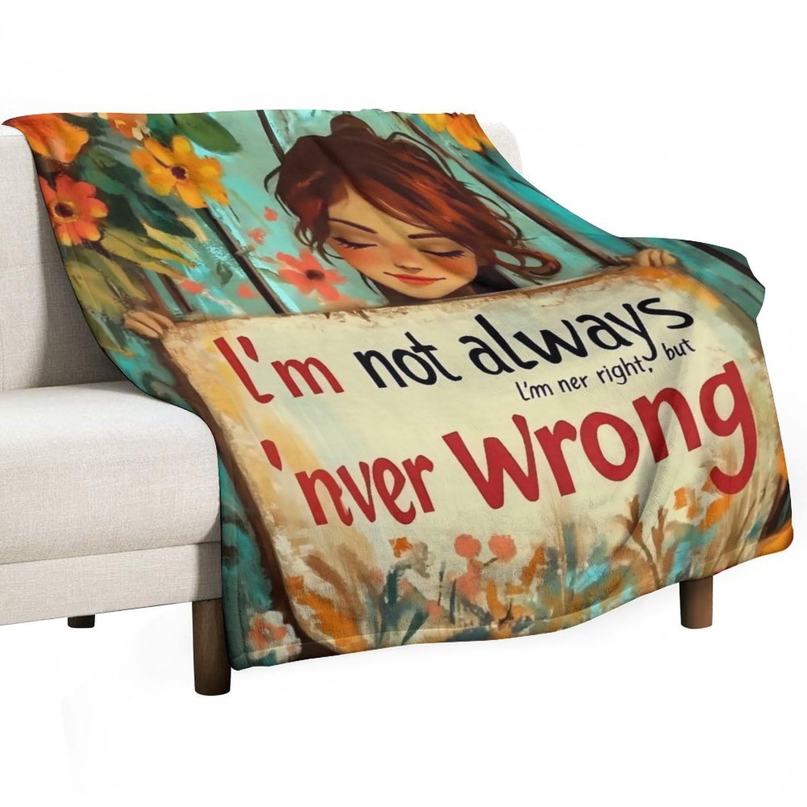 YHGSREUOH Floral Happy Place L'm Not Always Right, But L'm Never Wrong (1) Flannel Blankets Fleece Soft Throw Lightweight Plush Gifts for Couch, Bed, Cozy Sofa Plush, Chair, Lovers 138x175cm(55x70in)