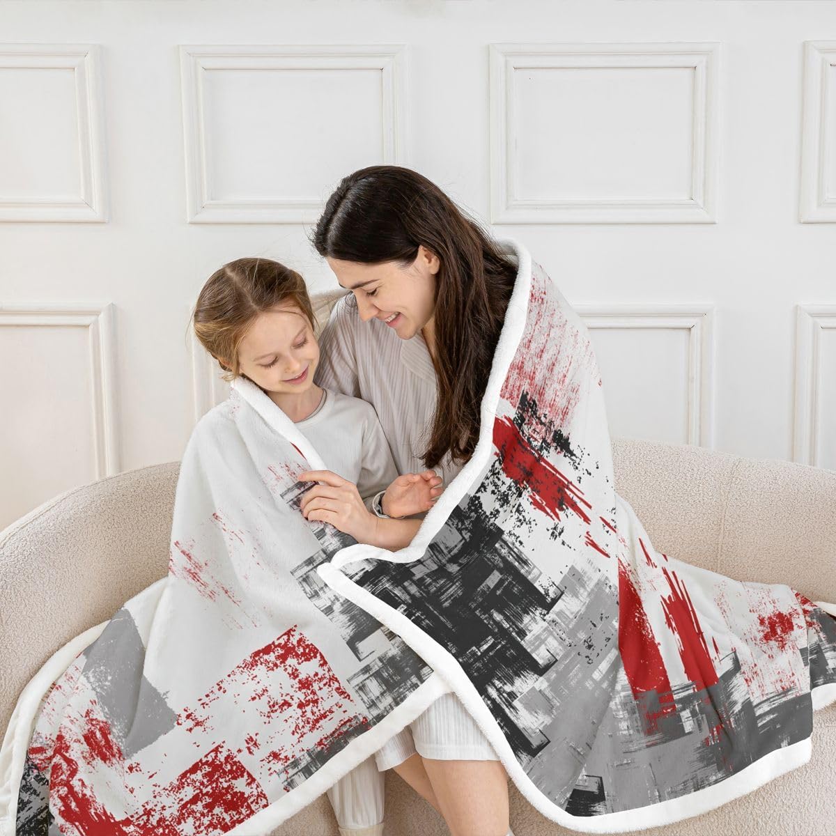 Abstract Plush Blanket Modern Abstract Art Fleece Throw Blanket for Bed Sofa Couch Red Grey Black Pattern Sherpa Blanket Room Decor Twin 60"x80" Fuzzy Blanket