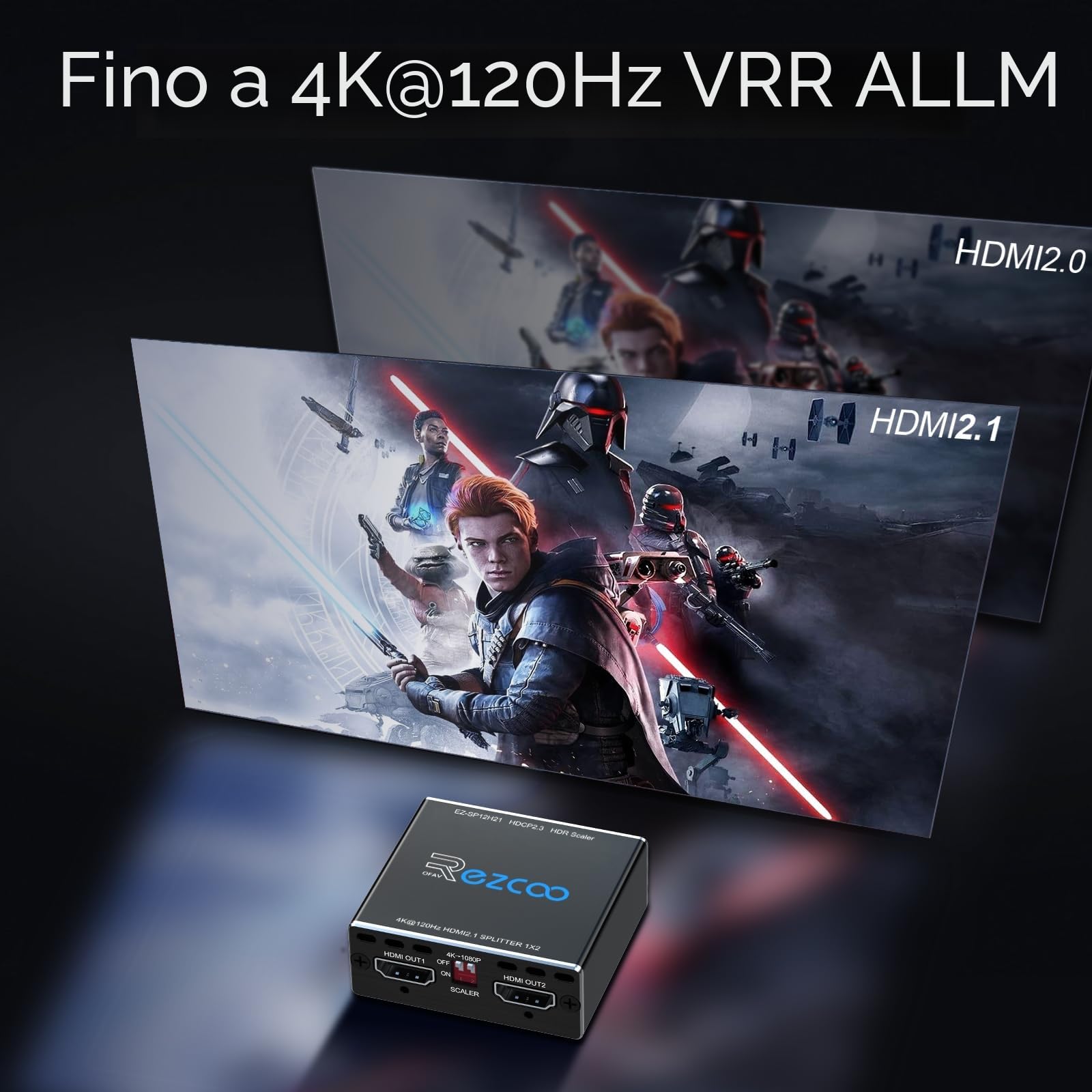 ROFAVEZCO 4K 120Hz HDMI 2.1 Splitter 8K 60Hz 1 Ingresso 2 Uscite VRR ALLM HDCP2.3 HDR10 8KUHD Dolby Vision Atmos Scaler 4K EDID 1080P Dual Monitors Divisor HDMI 2.1 1X2 para PS5 SkyQ Xbox NVIDIA AMD