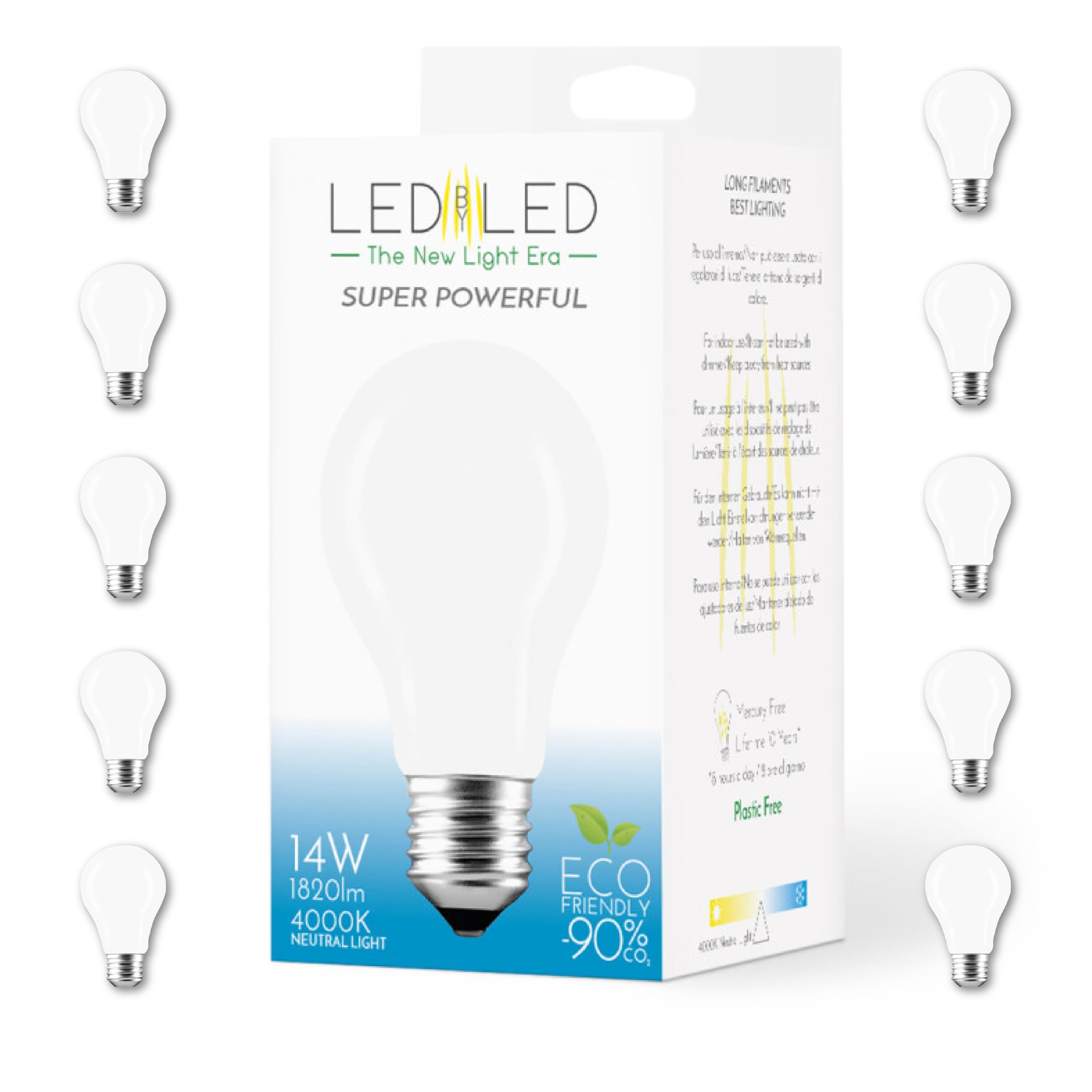 Lampadina Goccia 14W Pari a 140W, E27, Vetro Milky, 4000K Luce Naturale, filamento LED dritto, 1820 Lumen, Pack 10 Pezzi