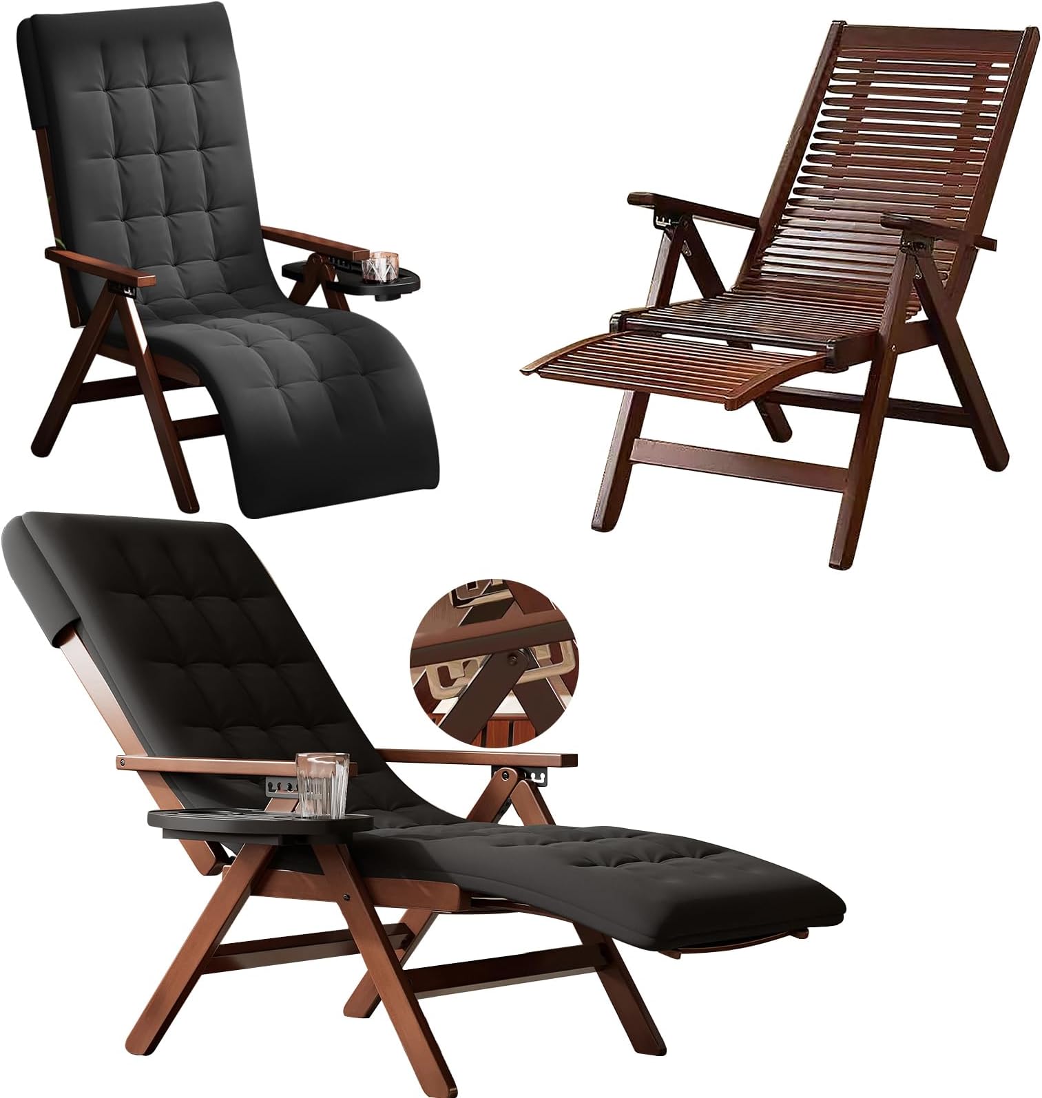 ZZV Chaise Lounge Chair Outdoor with Mattress, Bamboo Patio Lounge Chair with 6 Adjustable Positions, Retractable Footrest and Cup Holder Tray, Folding Patio Recliner Chair for Lawn Backyard, Walnut