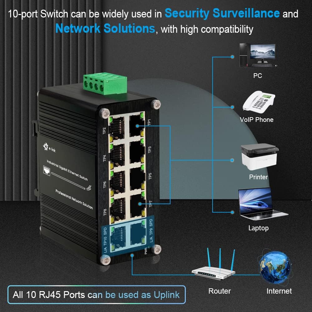 Industrial 10 Port Gigabit Ethernet Switch, RJ45 10/100/1000Mbps Mini Din Rail Mount Ethernet Switch, 12-48V DC Hardened Unmanaged Network Switch 20Gbps Switching Capacity