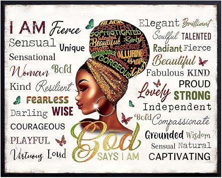 Religious positive Affirmations for Women - Black Art Inspirational Quote Wall Decor for Bedroom, Bathroom, Kitchen - Christian Wall Art for African Americans, Black women - Rustic Motivational poster