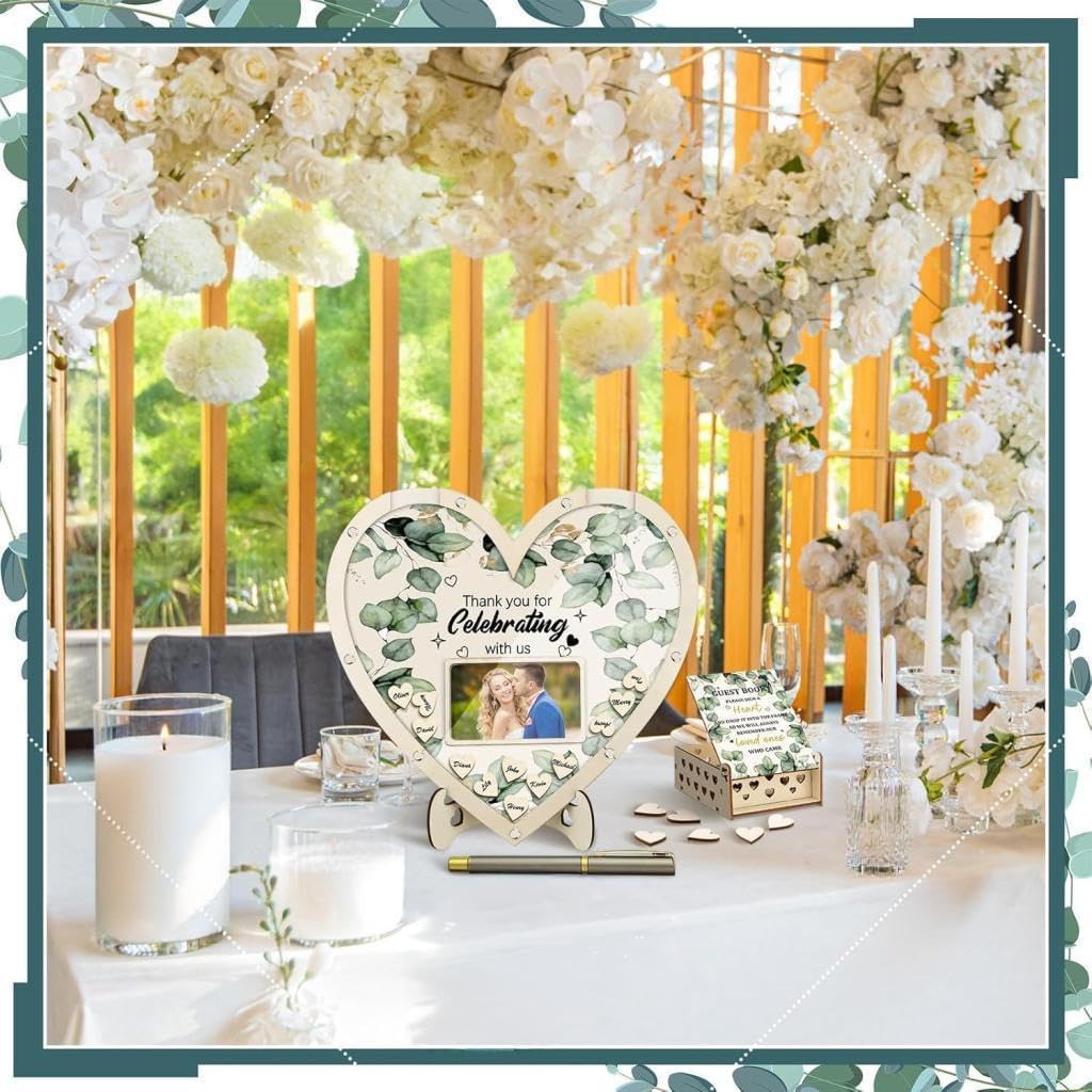 Wooden Wedding Guest Book Alternative with 63 Wood Hearts Chips, Drop Box and Pen Eucalyptus Leaves Theme Heart Picture Frame for Wedding Love Anniversary Ceremony Guestbook (Wood)