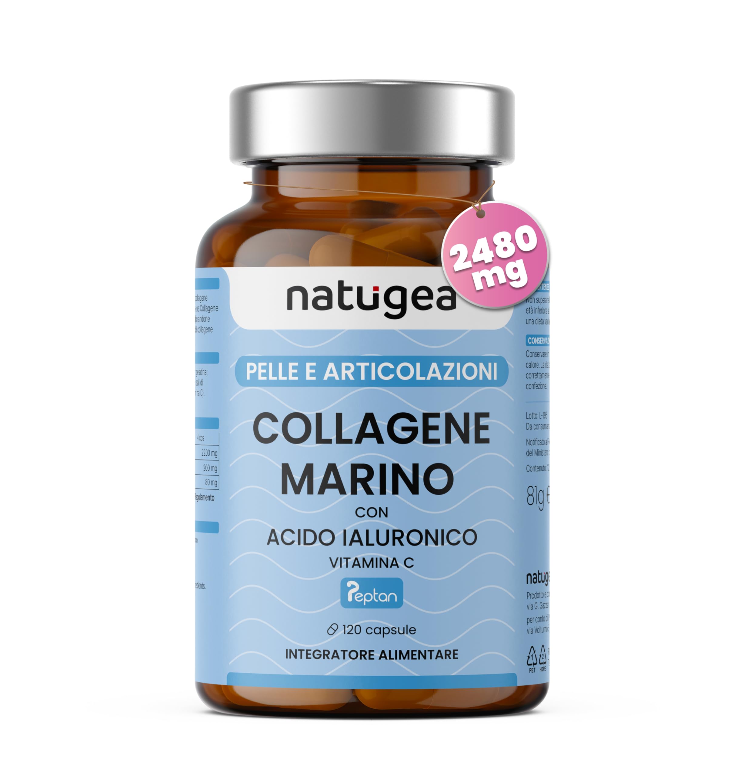 Collagene Marino con Acido Ialuronico. 2480 MG/g con PEPTAN® F HD. Collagene Idrolizzato con Vitamina C. Fino a 2 MESI di trattamento - natugea®