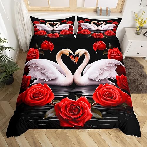 jejeloiu Juego de ropa de cama de cisne, tamaño King, con temática de amor, rosa, para niños, niñas, adolescentes, día de San Valentín, funda de