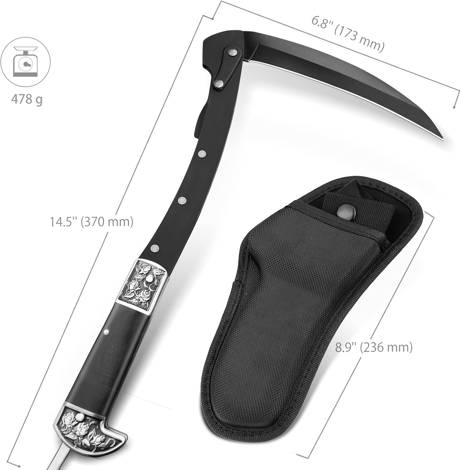 VALHALLA Folding Sickle, Black Sharp Folding Scythe with 2 Sections, Hand Sickle Knife Wooden Handle, Portable Safety Sickle Knife with Sheath - Image 5