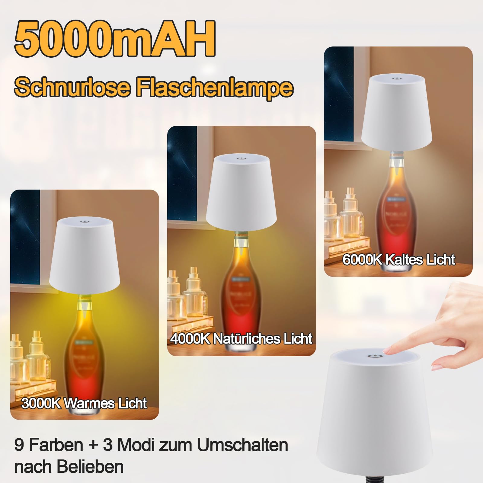 Funmo Lampe Bouteille LED Dimmable Sans Fil - Lumière LED Dans La Bouteille, Lampe De Table IP54 En Aluminium Pour Extérieur, Bar, Restaurant Et Décoration