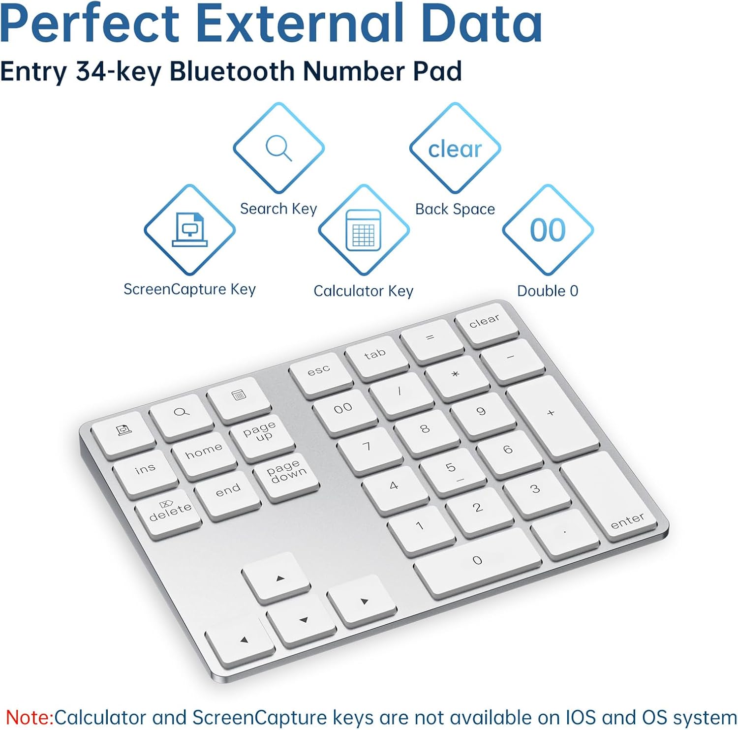 HoRiMe Bluetooth Number Pad, Rechargeable Wireless Numeric Keypad Slim 34-Keys Aluminum Number Keypad External Data Entry Compatible for Laptop