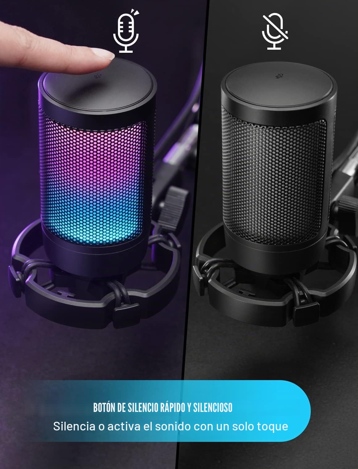 FIFINE Gaming Microfono para PC PS4 PS5, USB Condensador Micrófono de Cardioide para Ordenador Podcast Streaming Studio, con RGB, Botón de Silencio, Trípode, Filtro Anti-Pop, Soporte de Choque