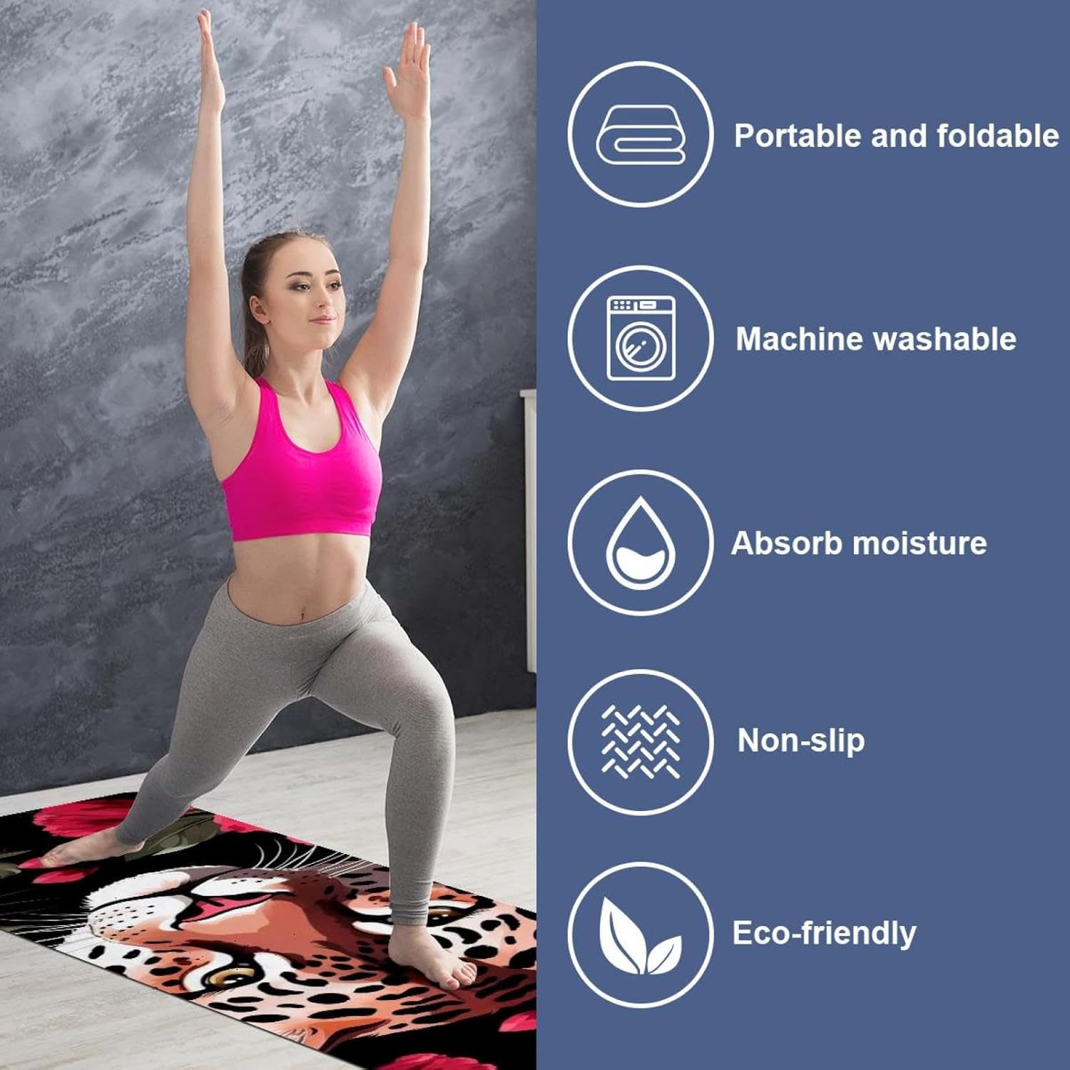 Yoga Towel, Leopard Rose Flower Non Slip Sweat Absorbent Hot Yoga Mat Towel for Hot Yoga, Pilates and Fitness - 72.8" x 26.8"