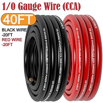 1/0 Gauge Wire Copper Clad Aluminum CCA (20Ft Each Black/Red) Primary Automotive Wire,Battery Cable for Car Audio Speaker,Solar,RV Trailer Amp Wiring