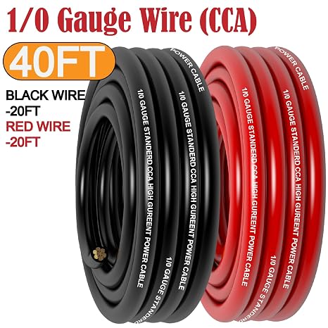 1/0 Gauge Wire Copper Clad Aluminum CCA (20Ft Each Black/Red) Primary Automotive Wire,Battery Cable for Car Audio Speaker,Solar,RV Trailer Amp Wiring