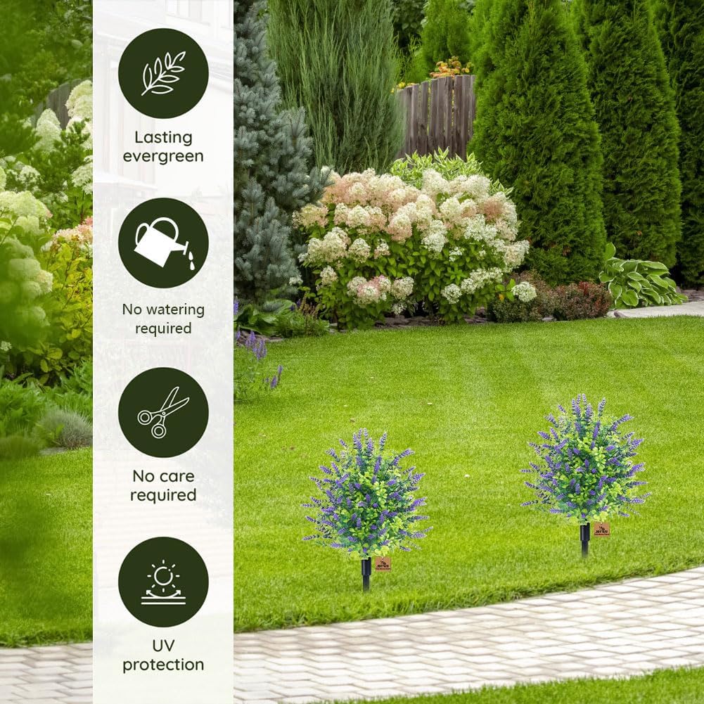 UV Resistant Artificial Lavender Topiary Trees for Outdoors, 22" Artificial Boxwood Topiary Ball Trees with Ground Spike, Fake Shrubs Bushes Faux Plants for Front Porch Garden Home Decor (1)