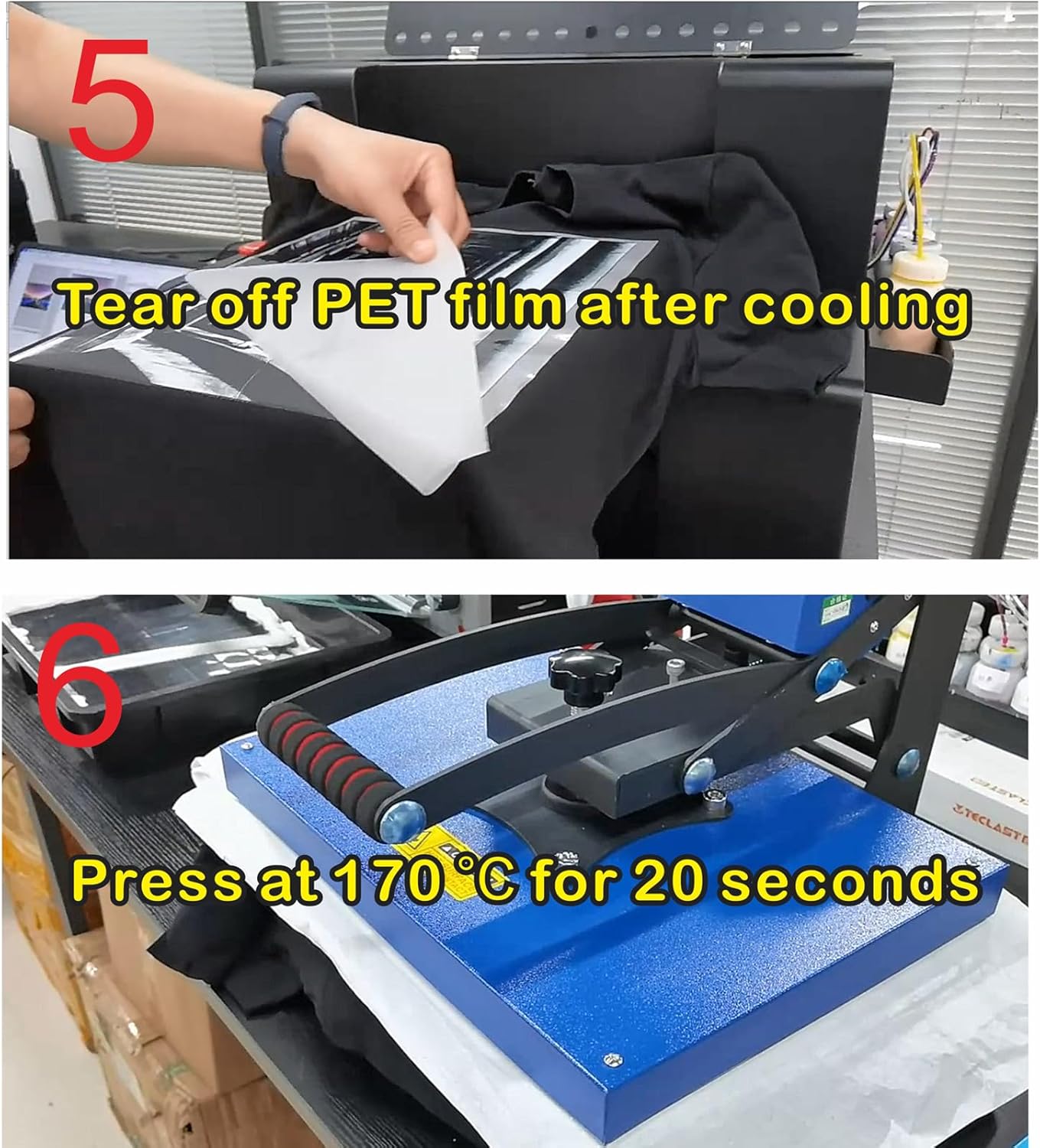 Image showing the heat press process for DTF, where the film is pressed onto a garment.