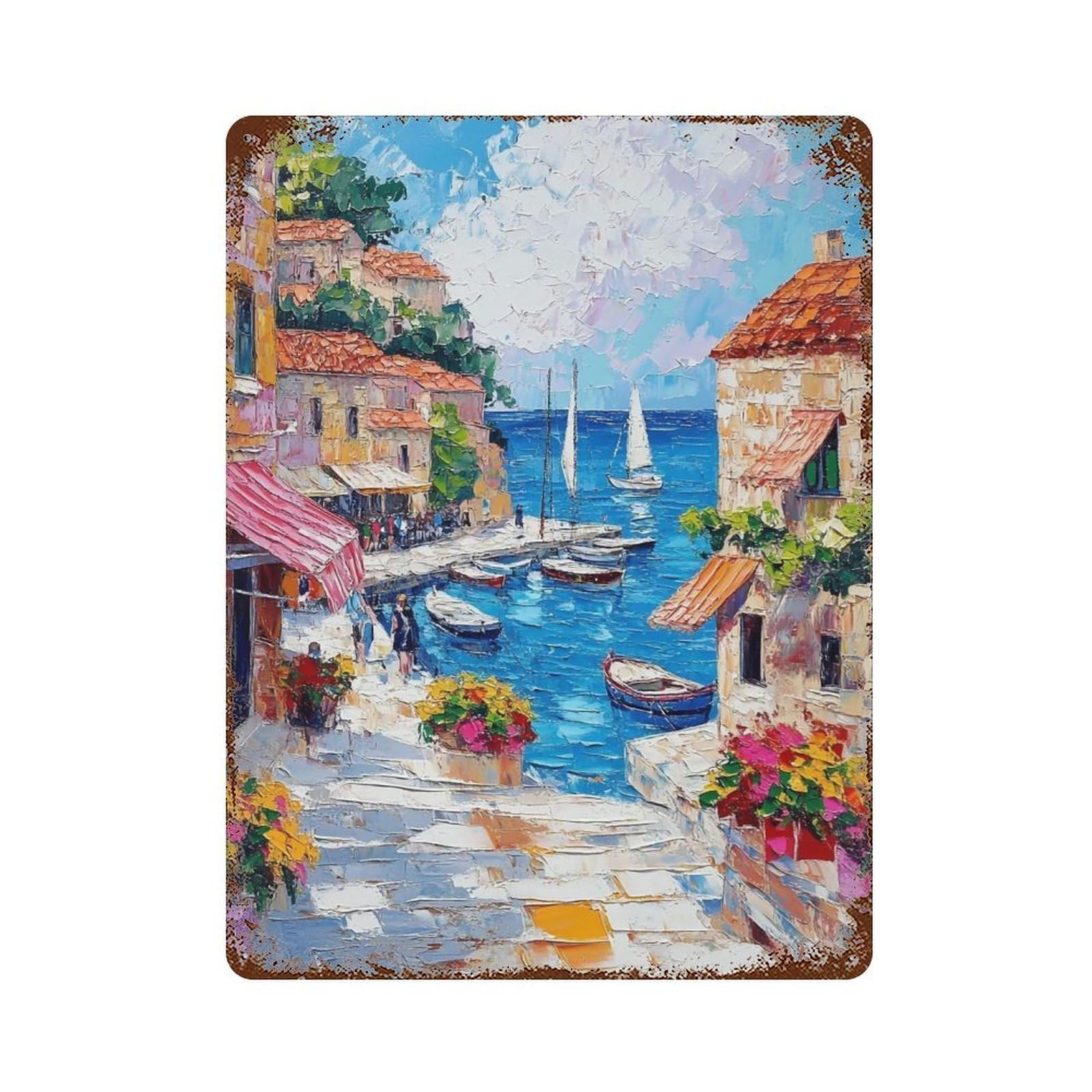 HDURYEYRYY Sunny Coastal Village Quay 03 Wall Retro Iron Vintage Art Metal Tin Sign Poster Modern Home Cofffee Club Art Bar Shop Decor 40x30cm
