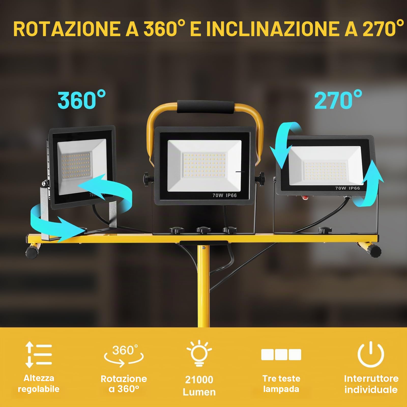 Yofuly 3 × 70W Faretto LED da Cantiere, 21,000 Lumen Lampada da Lavoro Faro IP66 con Impermeabilecon 3 Teste e Altezza Regolabile Treppiede Proiettore LED per Cantiere, Riparazione, Campeggio