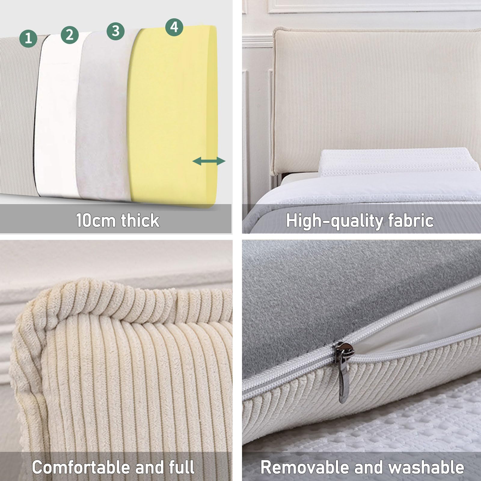 Copritestiera del letto Cuscino da lettura In Velluto A Coste, Matrimoniale Singolo Supporto Per Schiena Del Letto, Testiera A Parete Imbottito Copertura Testata(With headboard - 160x60x10cm,Beige)