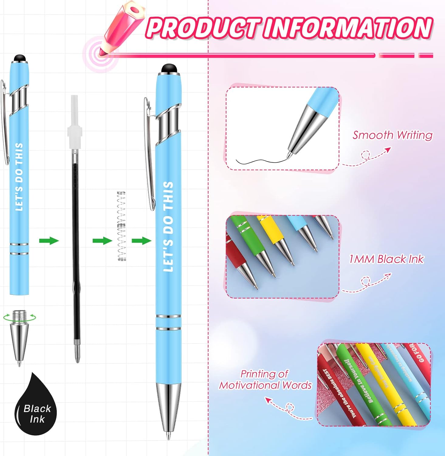 Lounsweer 100 Pieces Inspirational Ballpoint Pens with Motivational Messages, 20 Colors, 1mm Black Ink, Stylus Tip, Fun and Encouraging Gifts for Teachers, Students, Office and School Supplies - Image 4