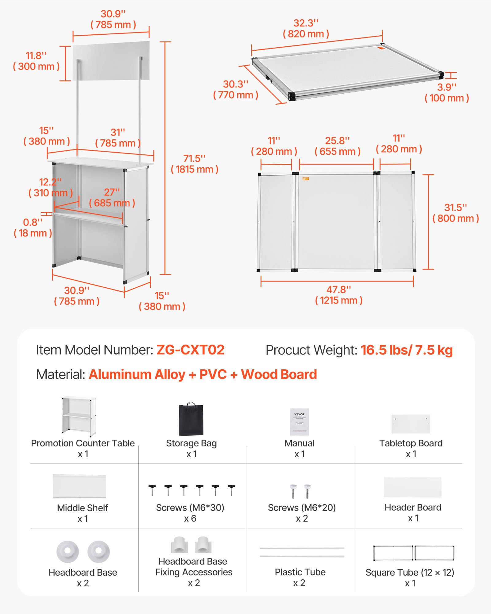VEVOR Bancone Fieristico Portatile, 785 x 380 x 1815mm Stand Fieristico Bancone Espositivo, Tavolo da Bar Pieghevole Promozionale per Vendita al Dettaglio