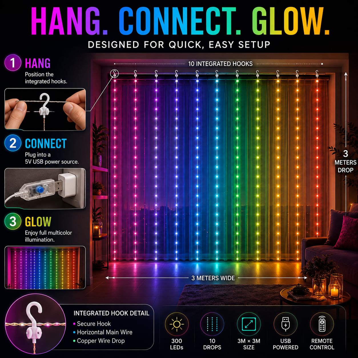 Gesto LED Curtain Lights - Multicolor Fairy Lights with Remote -5
