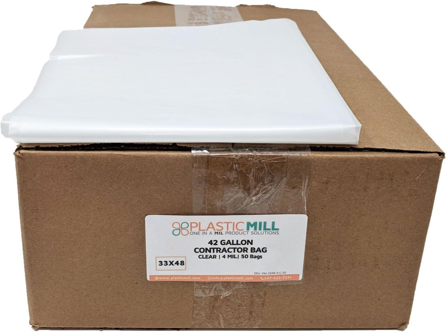 PlasticMill Contractor Bags Heavy Duty - Commercial, Industrial Garbage Bags - Clear Construction Trash Bags - Outdoor, Garden Trash Bags, 42-Gallon, 4 Mil, 33"x48" (50-Count)