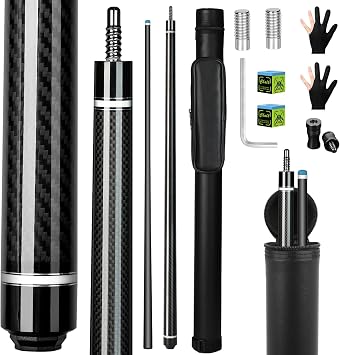 Kmise Carbon Fiber Pool Cue Stick, 58", Low Deflection, 12.5mm Leather Tip