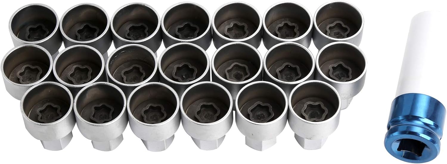 WINTOOLS Compatible for 21PC Master Lock Wheel Nut Stud Key Set Removal Locking Socket for BMW with Socket Adapter