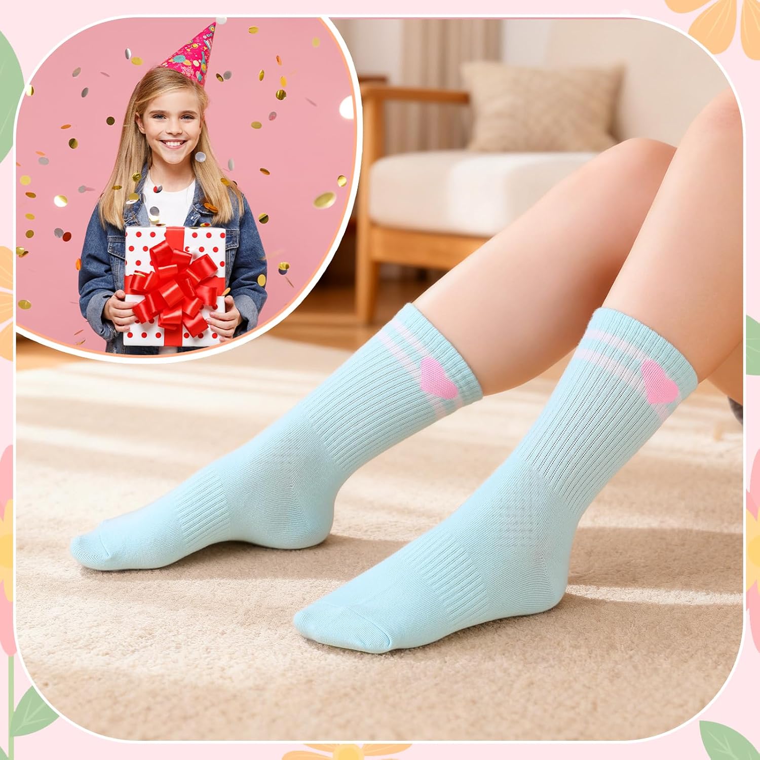 6 Pairs Kids Girls Crew Socks, Cute Stripe Heart Basketball Sock Cotton Athletic Calf Sock for Kid Aged 6-8/9-13