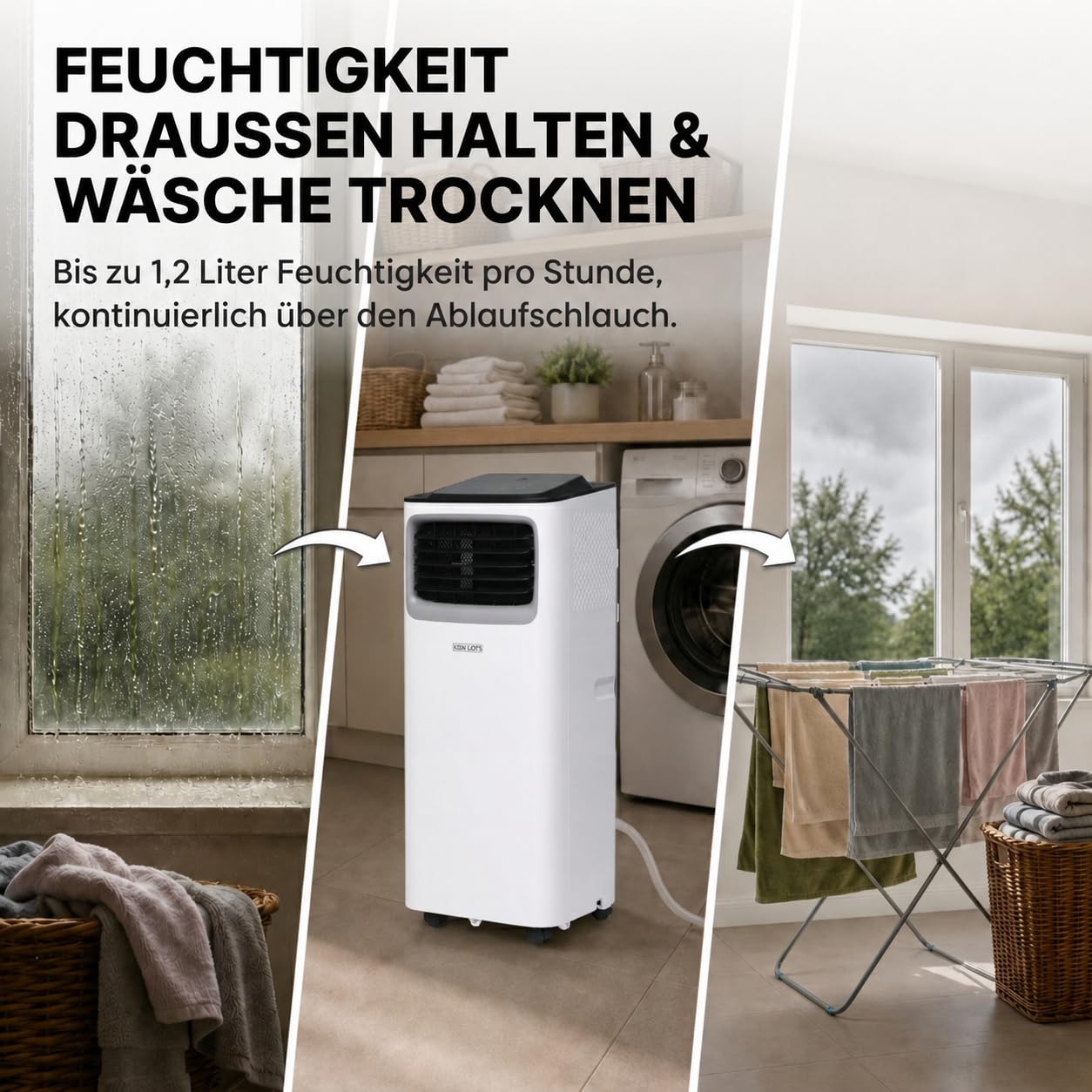 Olsen & Smith 7000 BTU Mobile Klimaanlage & Luftentfeuchter - 3-in-1 Klimagerät mit Abluftschlauch für kleine Räume, Schiebefenster-Adapter, 24h-Timer & Fernbedienung - Leise Mini Klimaanlage, Weiß