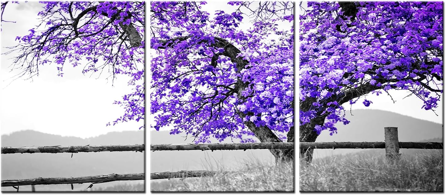 LevvArts 3 Panel Grey and Purple Wall Art Flower Tree Picture Canvas Prints for Living Room Wall Decor Gallery Wrap Ready to Hang