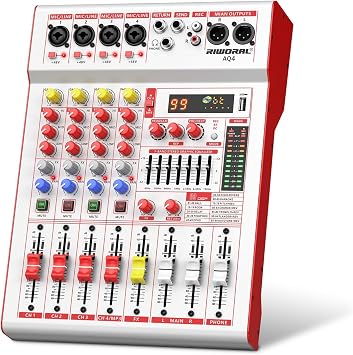 4 Channel Audio Interfacer DJ Mixer Sound Board USB Audio Mixer Effects with DSP 99 Preset+48V Phantom Power Stereo DJ Mixers for Karaoke Studio Streaming Recording,Live Streaming