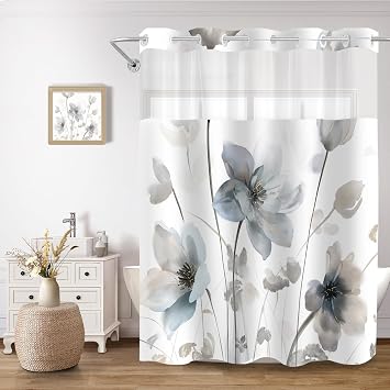 No Hook Shower Curtain and Liner Set, Blue and Grey Boho Floral Shower Curtains for Bathroom, Watercolor Flower Waterproof Bathroom Curtain Sets with Snap in Liner for Hotel, 71x74 Inch