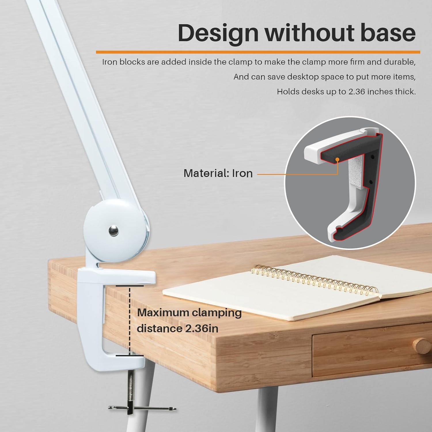 24W LED Desk Lamp with Clamp, 5 Dimming Modes, 5 Color temperatures up to 6000K, 2200 Lumens High Brightness Working Lamp with 182 Pcs LED(White, CCT)