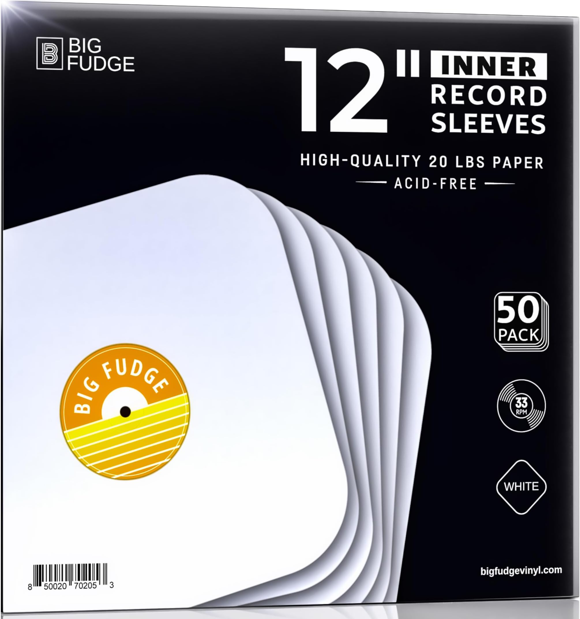 Big Fudge 12" Vinyl Record Sleeves - Inner Sleeves 50 Pack - Heavyweight Acid Free Paper Vinyl Covers - Accessories Protect LP Albums from Dust, Dirt & Scratches
