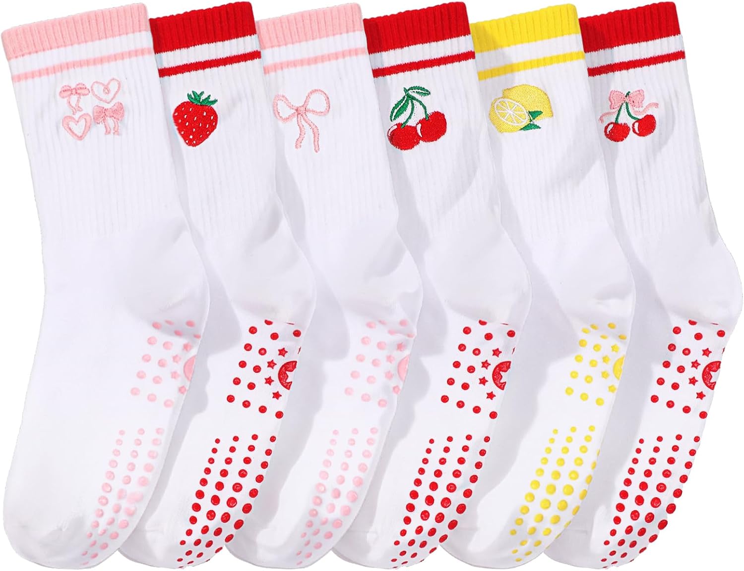 6 Pairs Cute Pilates Socks for Women Ruffle Cuff Grips Yoga Embroidery Ballet Socks - Image 8