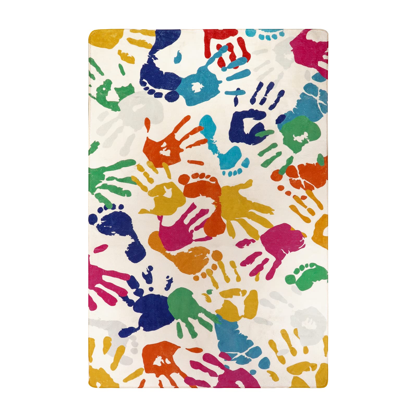 STARUIA Handabdrücke und Fußabdrücke Kinderteppich für Spielzimmer, 91x152 cm, waschbar, farbenfroh, Kinderzimmerteppich für Jungen und Mädchenzimmer, Innenmatte für Klassenzimmer, Schlafzimmer