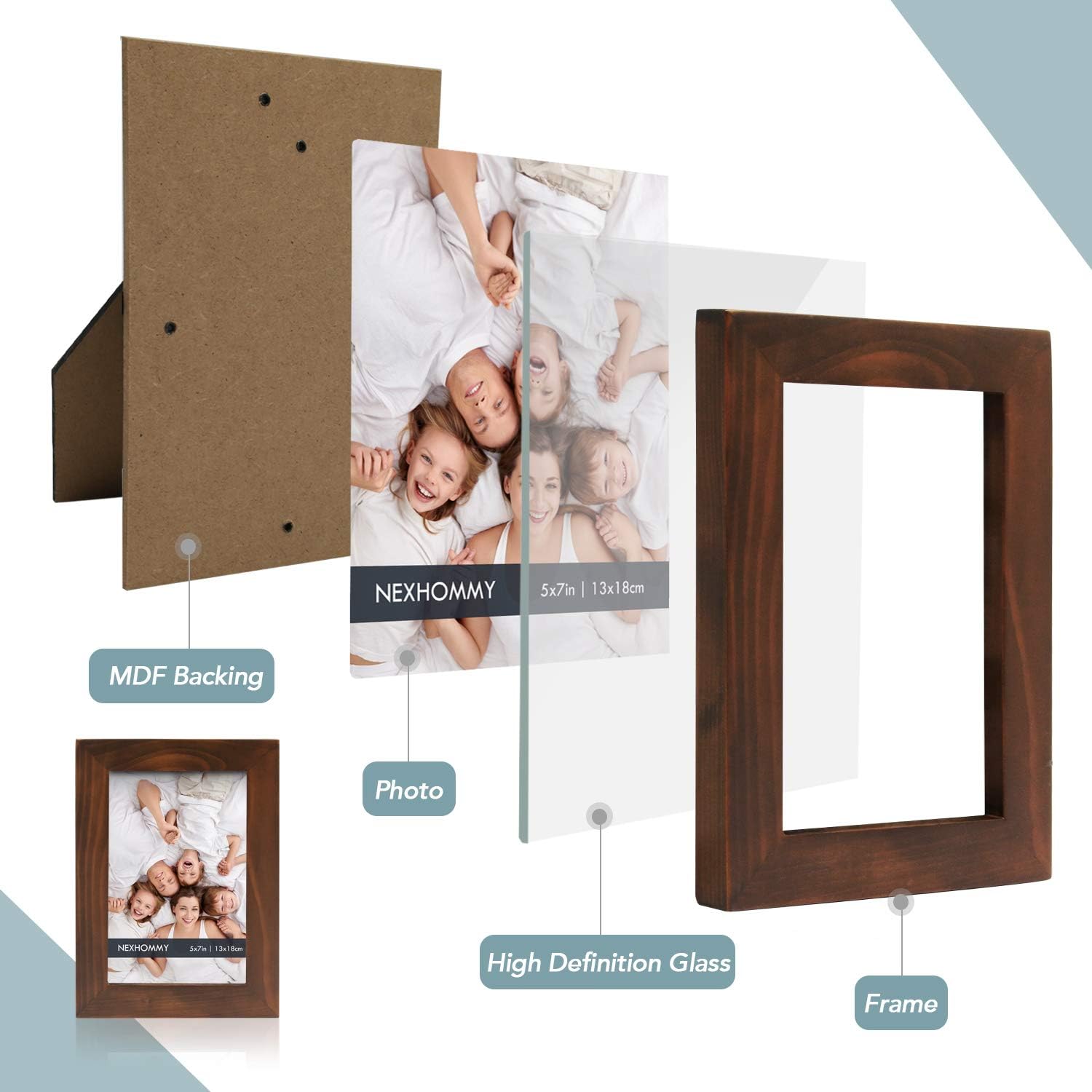 NEXHOMMY 5x7 Picture Frames Set - (2 Pack, Brown) Solid Wood Photo Frame With Hanger Hooks For Wall Mount, Kickstand Easel For Table Top And High Definition Glass Display