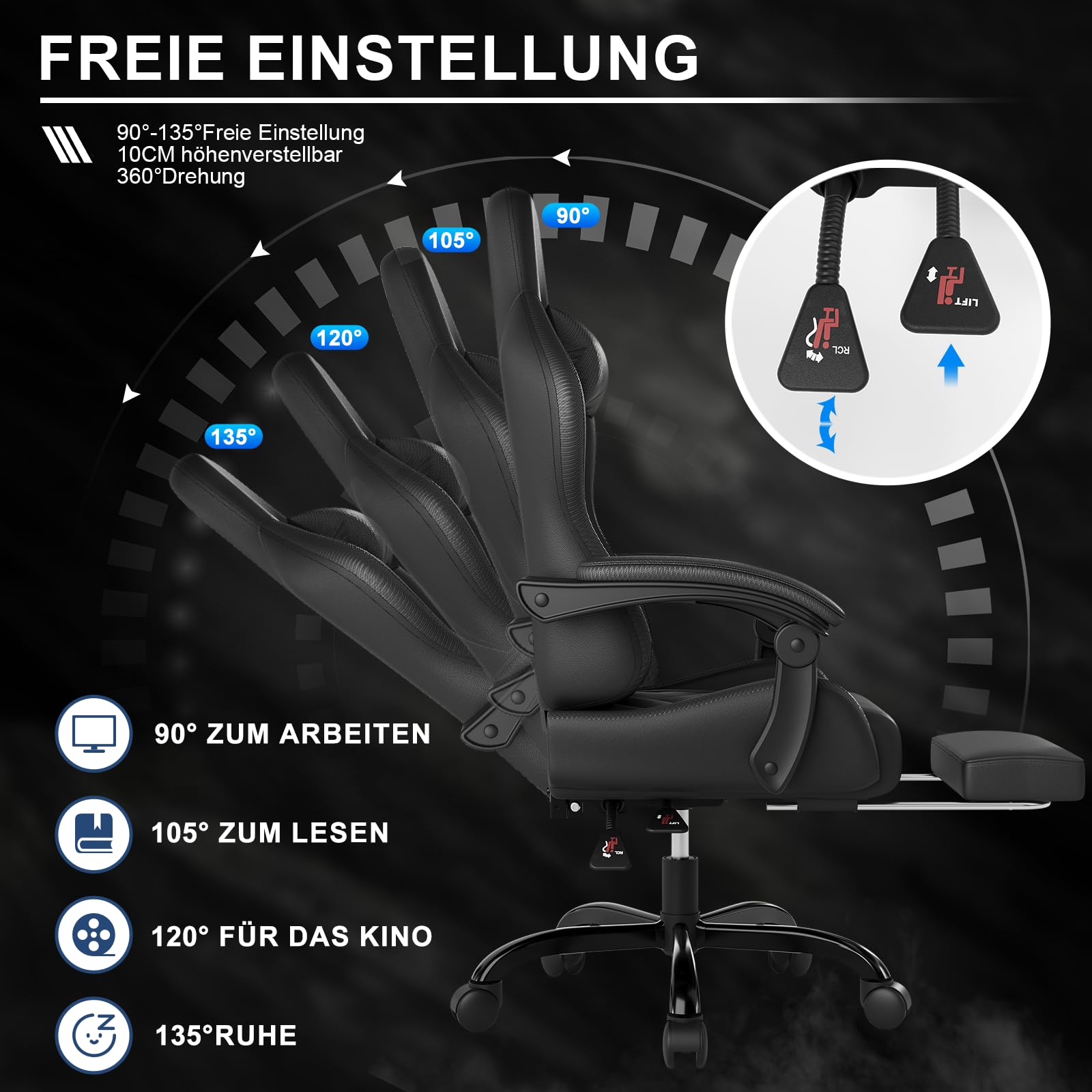 Devoko Ergonomischer Gaming Stuhl mit Massagefunktion und ausziehbarer Fußstütze, verstellbare Rückenlehne 90-135°, Komfortabler Bürostuhl für Home Office, Computersessel 150kg Belastbarkeit, Schwarz