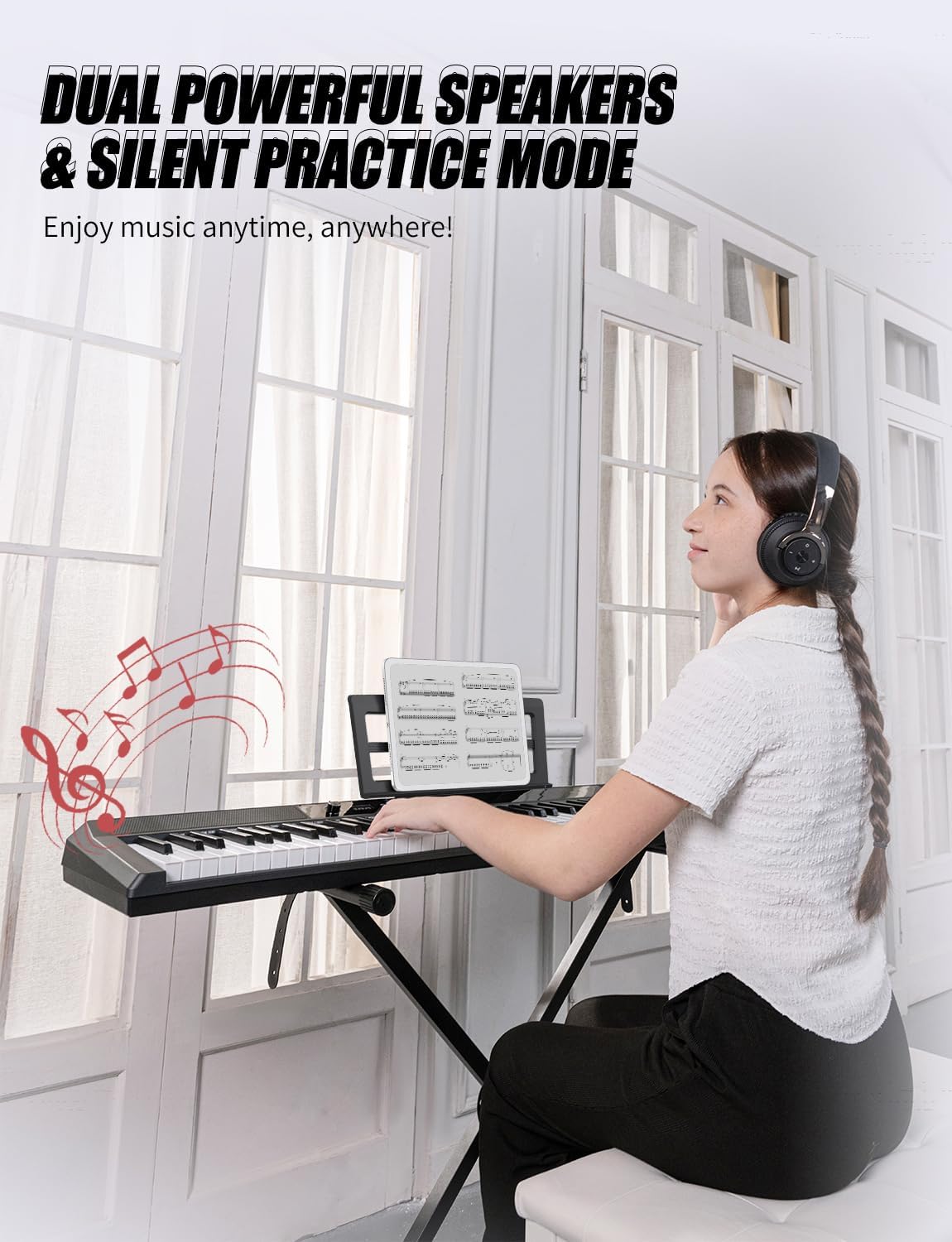 Person practicing piano with headphones