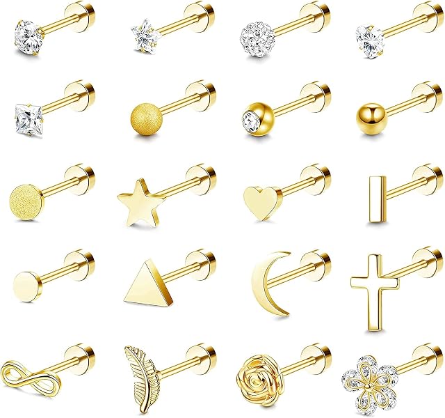 Adramata 18G Stainless Steel Cartilage Stud Earrings for Women Men Screw Back Cartilage Tragus Helix Earrings Small CZ Moon Star Stud Flat Back Earrings Piercing Jewelry Set 20 Pcs