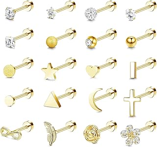 20 Piezas 18G Pendientes Mujer Hombre Acero Inoxidable Botón Cartílago Tornillo Trasero Cartílago Tragus Hélice Pendientes Pequeños CZ Luna Estrella Stud Pendientes De Espalda Plana Piercing
