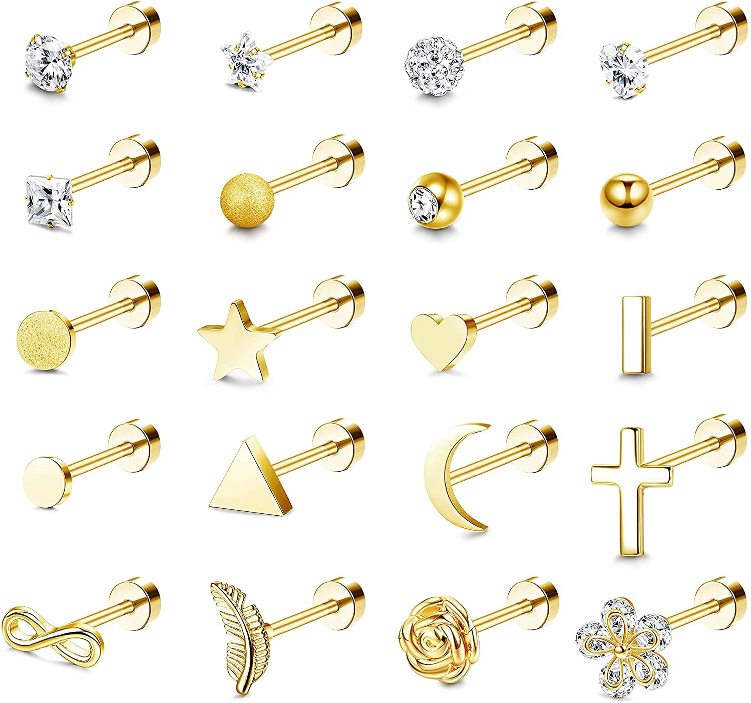 Adramata20 Piezas 18G Pendientes Mujer Hombre Acero Inoxidable Botón Cartílago Tornillo Trasero Cartílago Tragus Hélice Pendientes Pequeños CZ Luna Estrella Stud Pendientes De Espalda Plana Piercing